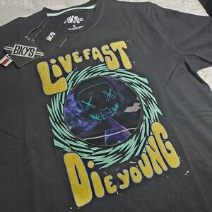 BKYS Men's XL Live Fast Die Young Original Embroidered Graphic T Shirt BLACK
